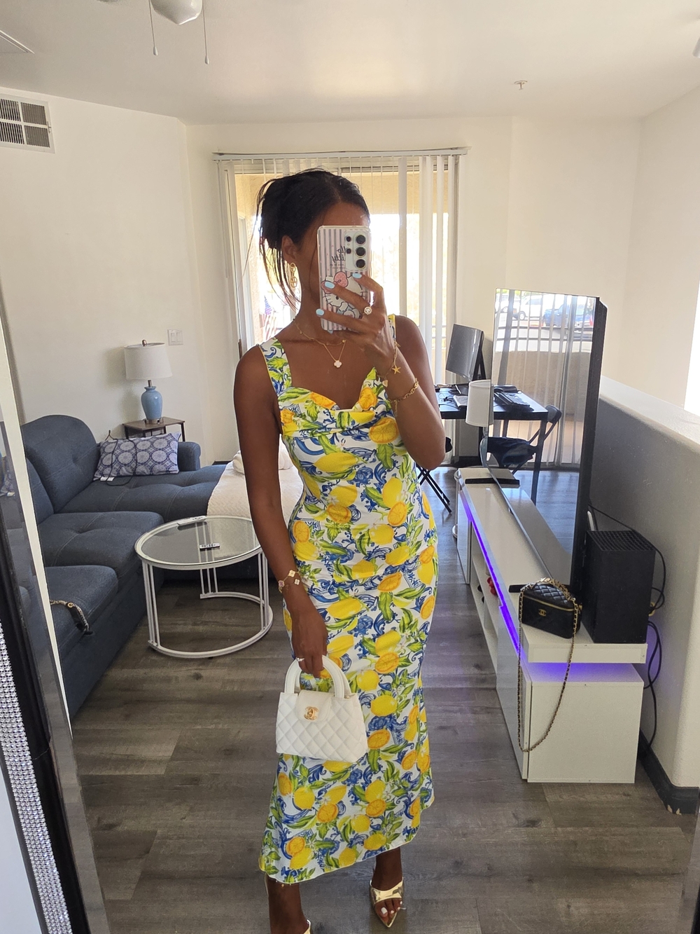 Lemon Print Sleeveless Maxi Dress - White/Yellow Very Stretchy - Picture 4 of 17